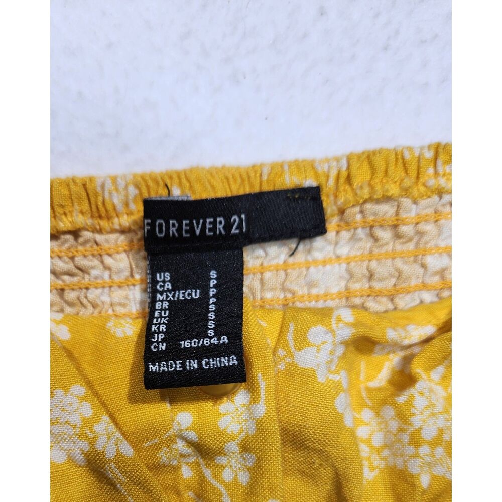Forever 21 Crop Top Small Yellow Floral Puff Sleeve Milkmaid Cottage Linen Blend - Picture 5 of 10